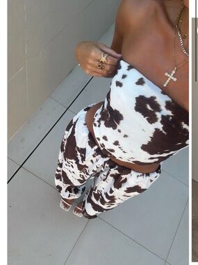 Cow-Print Wide Leg Jumpsuit Set - Brown/White